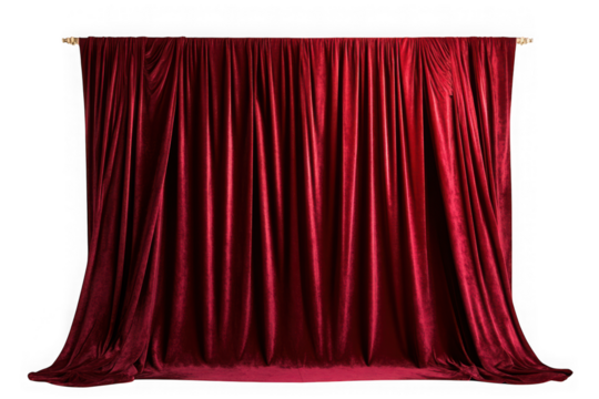 Detailed view of a luxurious red velvet curtain with elegant folds and a soft texture, hanging gracefully, isolated on transparent background