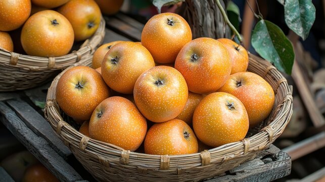 A basket of fresh Kei apples on a wooden market stand