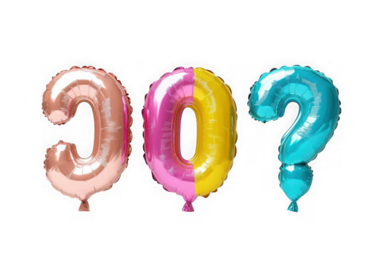 Rose gold number 3, pink and yellow number 0, and blue question mark balloons on transparent background isolated on transparent background