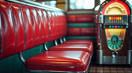Retro diner interior with red leather seating and a vintage jukebox in a cozy setting
