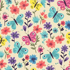 Seamless Pattern: Colorful Butterflies & Flowers