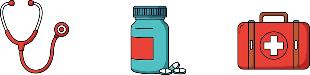 Minimalist Medical Icons: Stethoscope, Pills, First Aid Kit
