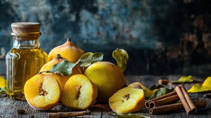 A beautifully arranged still life featuring whole and sliced quince fruits, cinnamon sticks, and honey