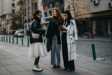 Three businesswomen engage in a collaboration outdoors while using a digital tablet. The background...