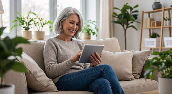 Smiling senior woman using digital tablet while relaxing on sofa in cozy home setting