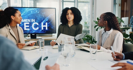 Women, tech and meeting with documents by screen for empowerment, inclusion and pitch at office....