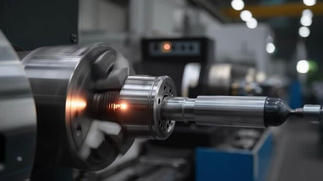 An industrial setting showing a press line with multiple bearings where one bearing features a hightech lubricant sensor monitoring performance and predicting potential failures.