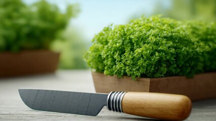 Garden to Table: A stainless steel knife lies beside a flourishing salad garden, hinting at fresh, healthy ingredients and the pleasures of home-grown cuisine. - Powered by Adobe