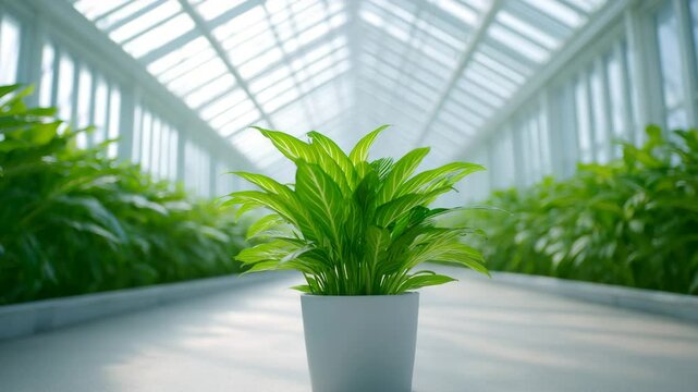 Serene Greenhouse:  A single potted plant stands tall amidst a rows of lush greenery,  bathed in sunlight filtering through the glass ceiling of a serene greenhouse.