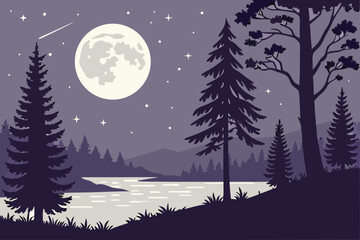 Generated AI Majestic Night Landscape - Moonlit Forest and Serene Lake