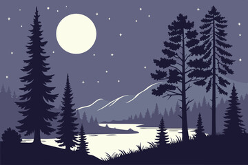 Fototapeta premium Generated AI Art Majestic Nighttime Forest Landscape with Moonlit River