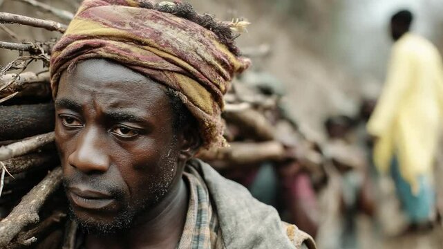 Carrying Firewood: A close-up portrait of a man carrying a heavy load of firewood on his back, his face etched with the weight of his burden and the hardships of life.