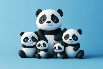 Fototapeten Cute family of cartoon pandas gathered together against a blue background, showcasing love and unity © Mariani
