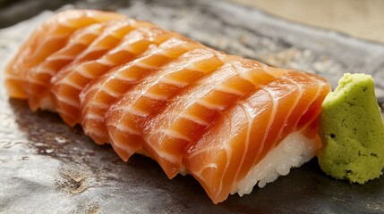 Delicious Fresh Salmon Sushi Nigiri Closeup Photography High Resolution Image Perfect for Restaurant Menus Food Blogs and Culinary Websites Appetising