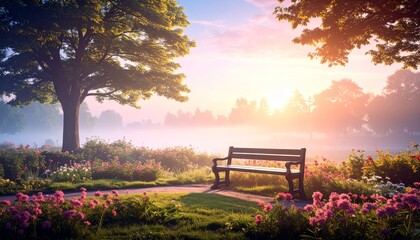 Obraz premium Lone Bench in a foggy city park