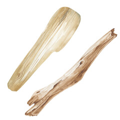 Two types of hand-painted sea pieces. Watercolor illustration of driftwood. Isolated on a white background. A clipart for the design of a marine theme. The structure of the tree.