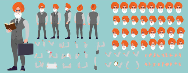 Man Character design. Front, side, back view and explainer animation poses. Character set with lip sync and facial expressions of Happy, angry, sad, Joy with Side walk cycle animation sequence sprite 