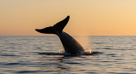 Obraz premium Majestic whale tail breaching at sunset breathtaking ocean wildlife spectacle