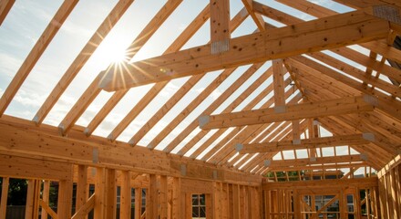 Obraz premium Wooden roof structure under construction