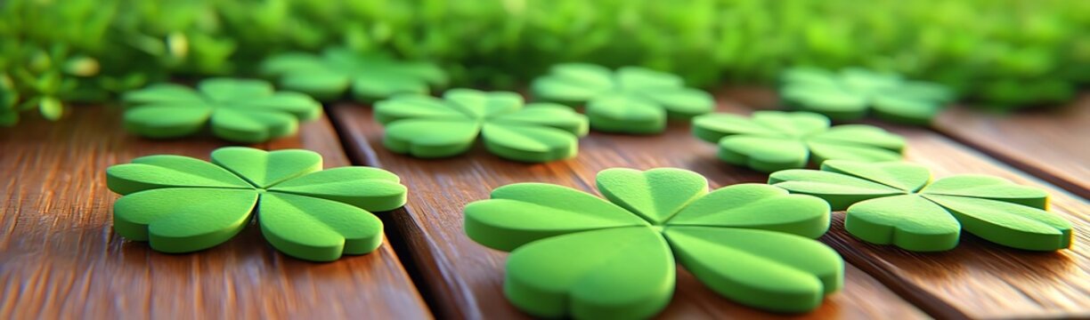 Four-leaf clovers on wood, green background