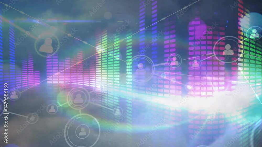 Poster animating holographic network connecting user icon nodes over colorful equalizer bars in arc