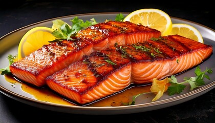 Rebanadas de salm&oacute;n a la parrilla en un plato con una costra caramelizada, un chorrito de aceite de oliva y rodajas de lim&oacute;n fresco, mostrando las brillantes marcas de la parrilla.