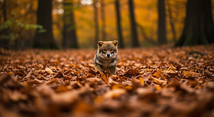 Fototapeta premium Golden jackal pup autumn forest magical scene captivating wildlife beauty
