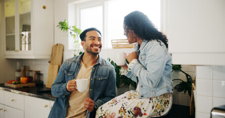 Morning, coffee and couple in home kitchen with conversation, cup and mug with drink. Relax,...