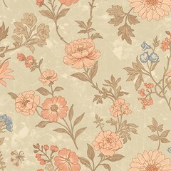 Vintage Floral Pattern, Peach & Beige Botanical Textile Design