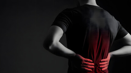 Man Holding Back in Pain Red Overlay Aching Muscles Spinal Discomfort Body Soreness Injury Anguish Human Condition Healthcare Suffering
