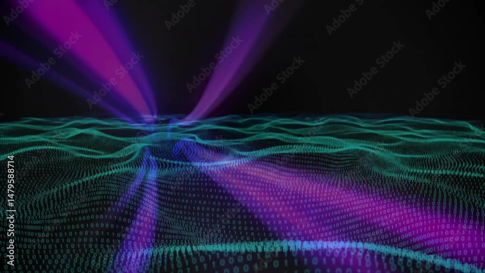 Poster digital binary grid waves undulating while sending rising purple light beams in stylized 3d render