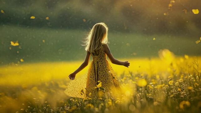 A young girl waring an open spagetti dress covere in the garden, Generative AI Videos.