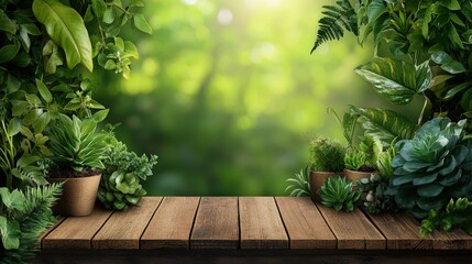 Obraz premium Vibrant lush green tropical plants and ferns surrounding a wooden platform in a peaceful garden setting