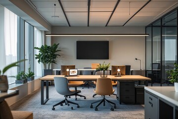 Fototapeta premium Modern Corporate Workspace with Soft-Focused Ambiance for Enhanced Professional Efficiency