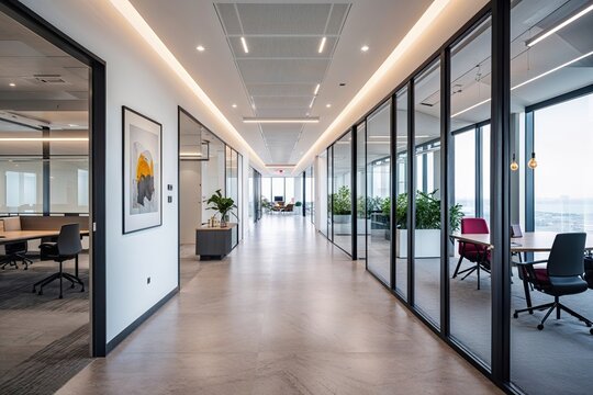 Spacious Modern Office Corridor with Stylish Interior Design and Ample Natural Light