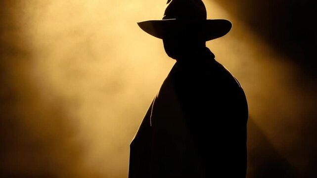 Mysterious Silhouette, Man in Hat Standing in Dramatic Backlighting