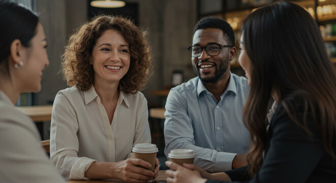 Colleagues enjoy coffee break sharing smiles and laughter in a warm inviting cafe setting with soft