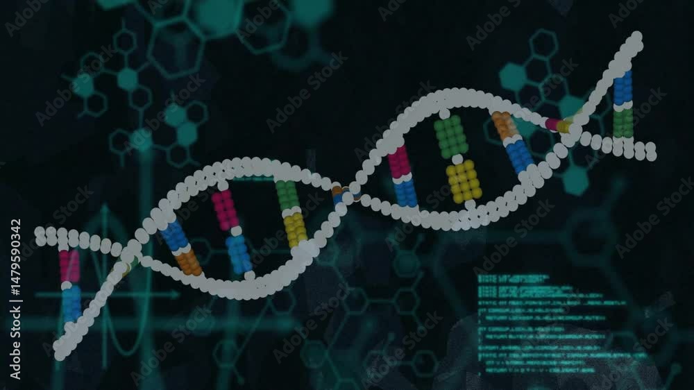 Poster 3d render dna helix undulating across frame, showing nucleotide clusters with hexagonal overlays
