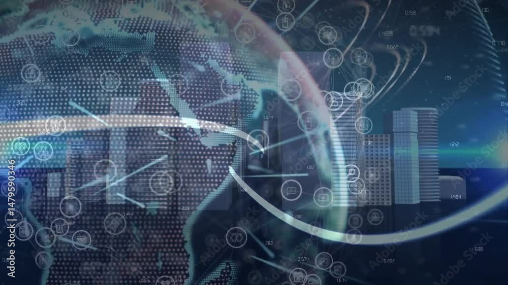 Poster stylized digital globe being visualized in cyber interface, connecting service icons in 3d render