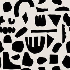 Black bold modern cutout style abstract shapes seamless pattern design. The minimalistic vector composition for textile, wallpapers, social media