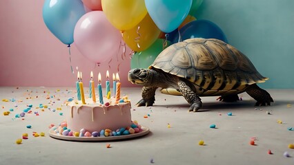 A tortoise celebrates a birthday with cake, balloons, and confetti in a whimsical party scene.