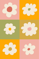 A grid of six abstract modern art minimalist pastel colors cutout floral designs. Vector seamless pattern with bold botanical shapes. Home decor poster illustration