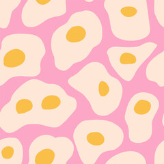 Vector whimsical hand-drawn fried eggs seamless pattern in pastel pink and yellow. Playful, trendy design for social media, stationery, home decor, and branding.
