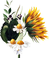 Watercolor Wildflower Bouquet with Sunflower, Daisies and Leaves