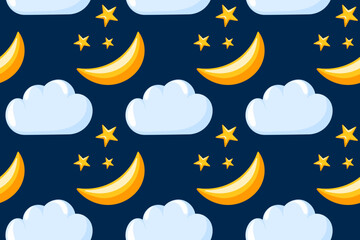 Seamless night sky pattern with cartoon moon star and cloud on dark background. Perfect for kid theme design, textile, print, wallpaper and package.