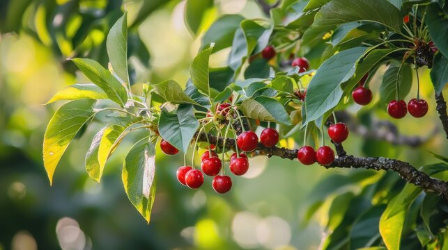 A capulin cherry tree in full bloom, with small red fruits hanging among the leaves