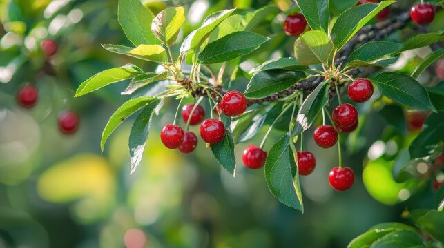 A capulin cherry tree in full bloom, with small red fruits hanging among the leaves