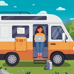 Woman Working Remotely in Camper Van