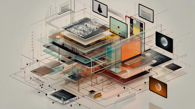 A website being built and exploded out in a diagram showing the layers of the website, Generative AI Videos.