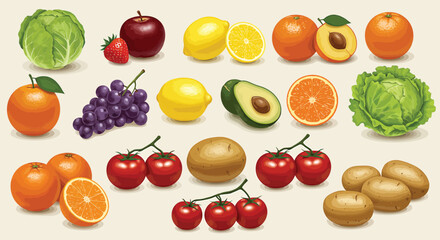 Fresh Fruits and Vegetables Vector Set